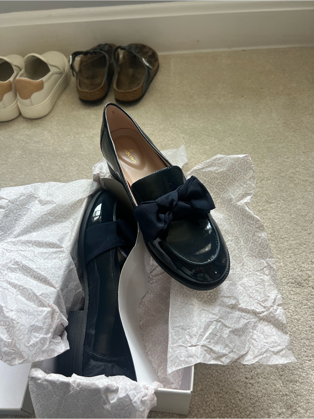 Bandolino Navy Patent Loafers with Bow Accent
